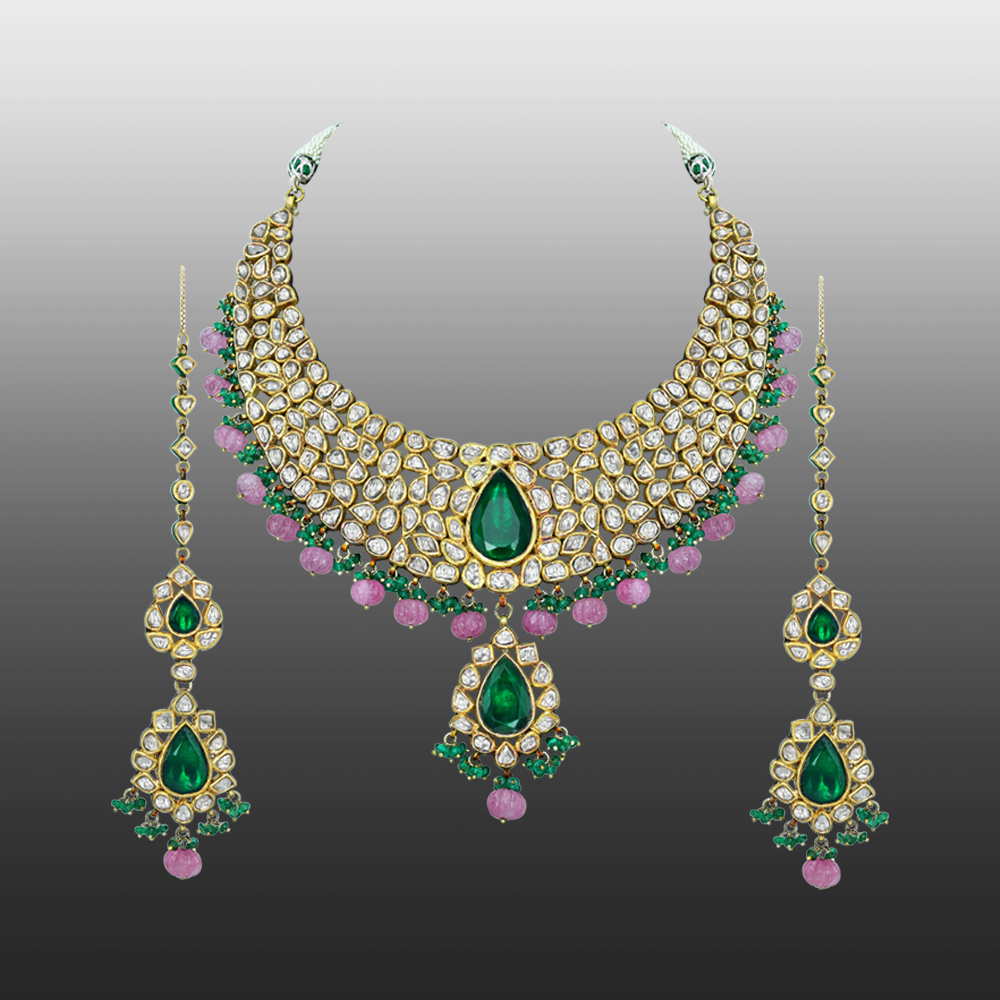 Polki Diamond Necklace Set with Green Stone and Pink Beads
